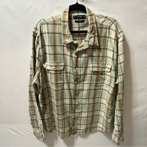 LUCKY BRAND Mens Button Up Long Sleeve Shirt Green Tan Plaid Cotton/Linen XXL
